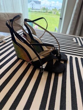 Black Strappy Wedge Sandals with Rainbow Rhinestone Heel